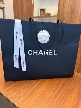 CHANEL Black Shopping Bag with White Camellia Accent and Ribbon 16.75”x13”x6.25”